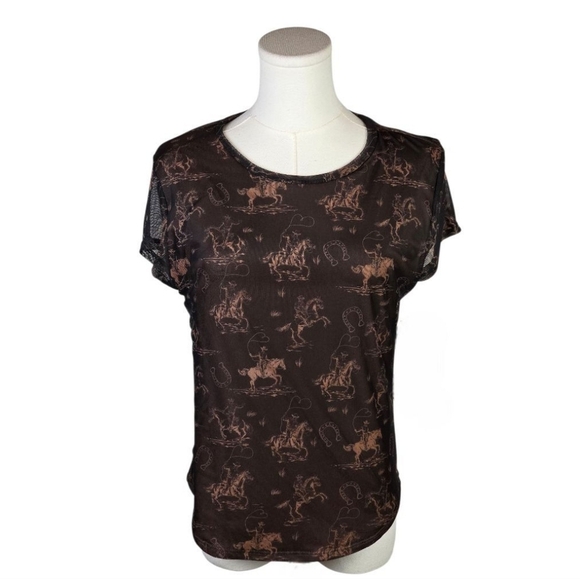 Sweet Lilac Sheer Mesh Cowboy Print Western Tee Top NWT Size XL - Picture 1 of 8